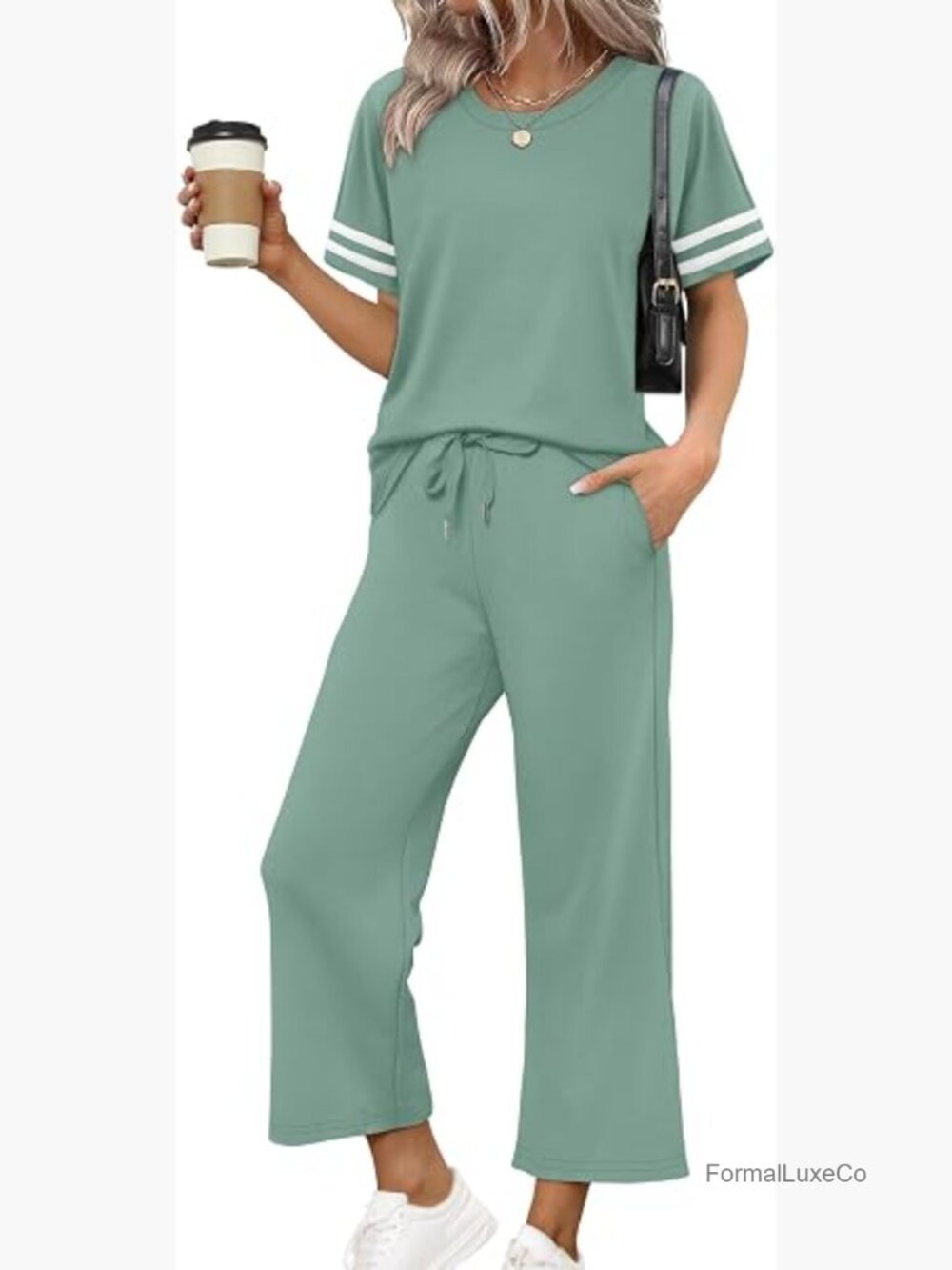 Two Piece Lounge Set - Short Sleeve Top & Wide Leg Pants